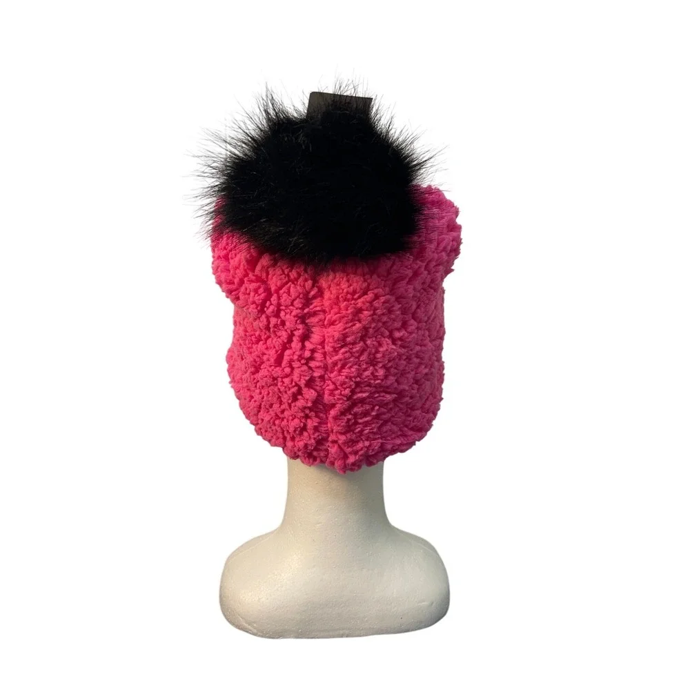Justice Girls Hot Pink Sherpa Beanie Hat Black Faux Fur Pom Pom One‎ Size NEW